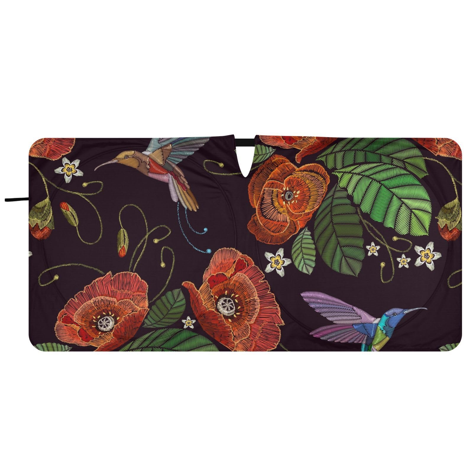 Embroidery Birds Floral-01 Front Windshield Sun Shade for Car Trucks Foldable Car Sun Visor with Storage Pouch Sun Shield for Window Automotive Interior Accessories Most Sedans SUV