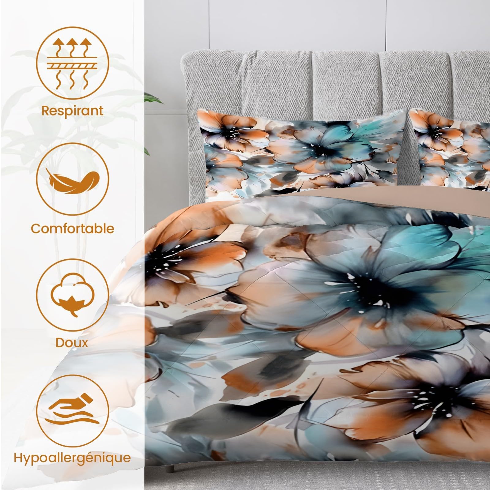 Couette 140x200 Cm Linfye - Imprimé Floral Blanc Et Vert | 4 Saisons | Avec 2 Taies D'oreiller 65x65 Cm