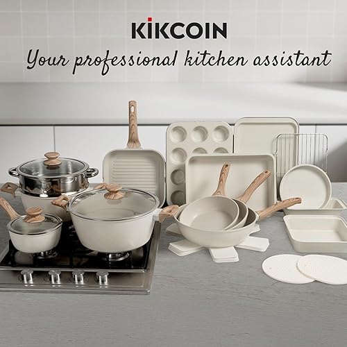 Miniatura 7 de Kikcoin Juego de ollas y sartenes antiadherentes de cocina de 31 piezas con sartén para parrilla, cacerola para hornear, color blanco crema