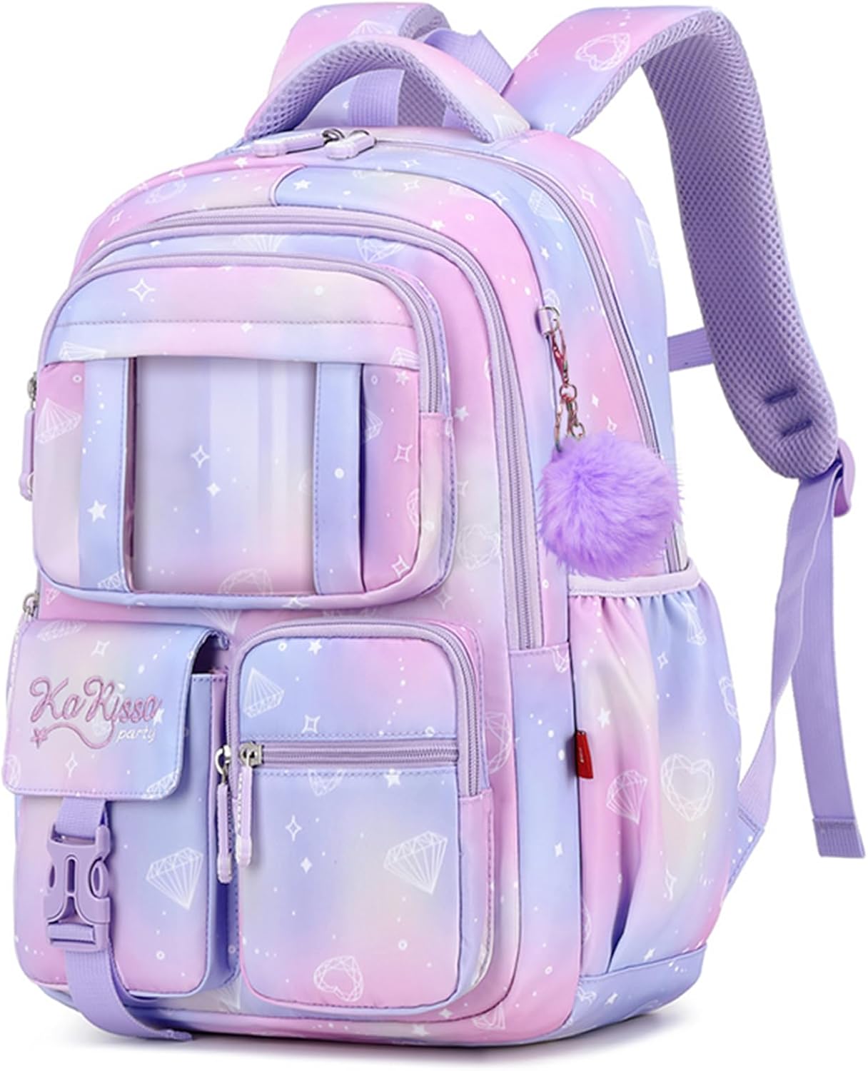 Cute Backpack Girls Large Capacity School Bag Set with Pen Bag and Plush Ball Keychain Sweet Bookbag for Kids (Purple)