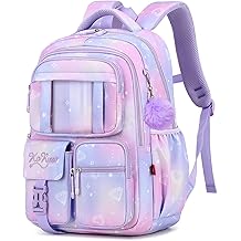Cute Backpack Girls Large Capacity School Bag Set with Pen Bag and Plush Ball Keychain Sweet Bookbag for Kids (Purple)