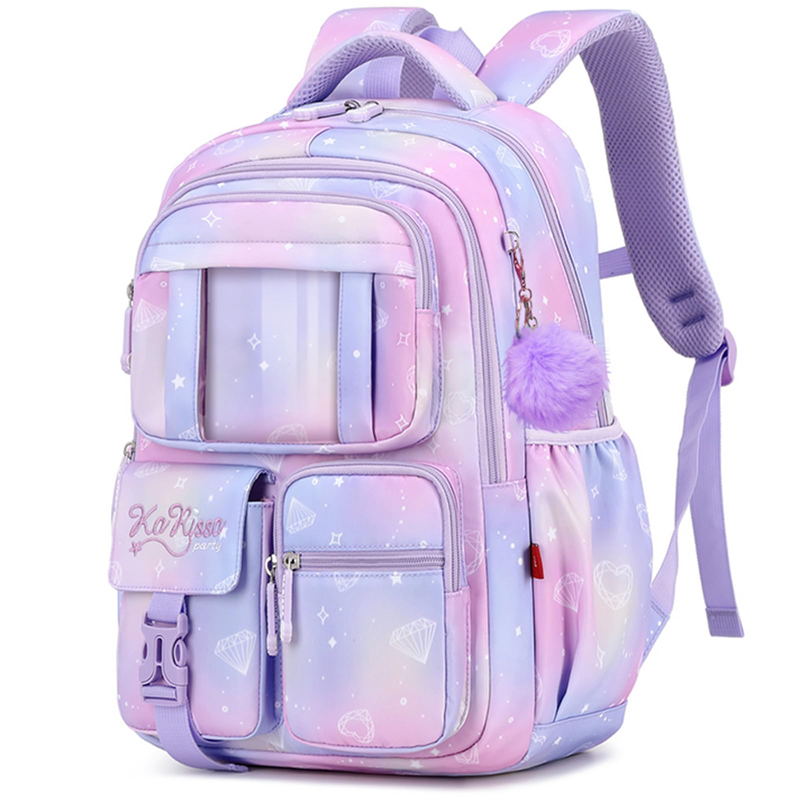 SPORTBANG Cute Backpack Girls Large Capacity School Bag Set with Pen Bag and Plush Ball Keychain Sweet Bookbag for Kids (Purple)