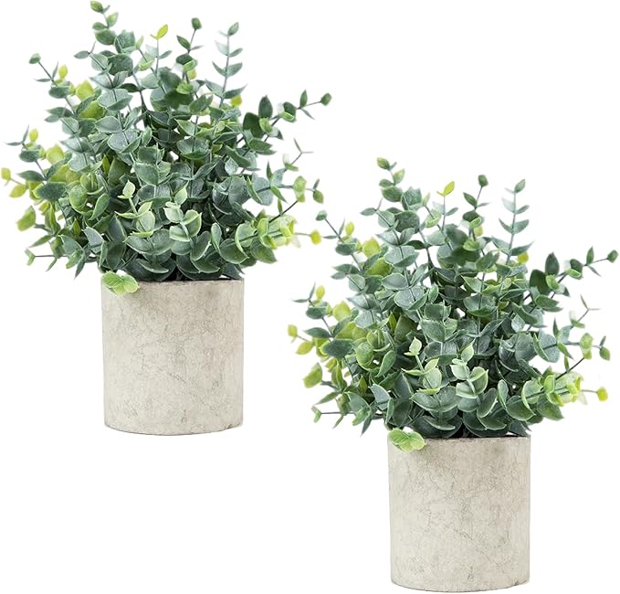 Velener 2 Pcs Small Fake Plants Eucalyptus, Artificial Plants Indoor for Shelf, Potted Eucalyptus Plants for Home/Bathroom/Pottery Barn/Desk/Farmhouse/Coffee Table Decor (Sage Green)