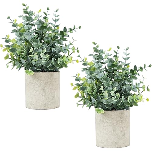 Velener 2 Pcs Small Fake Plants Eucalyptus, Artificial Plants Indoor for Shelf, Potted Eucalyptus Plants for Home/Bathroom/Pottery Barn/Desk/Farmhouse/Coffee Table Decor (Sage Green)