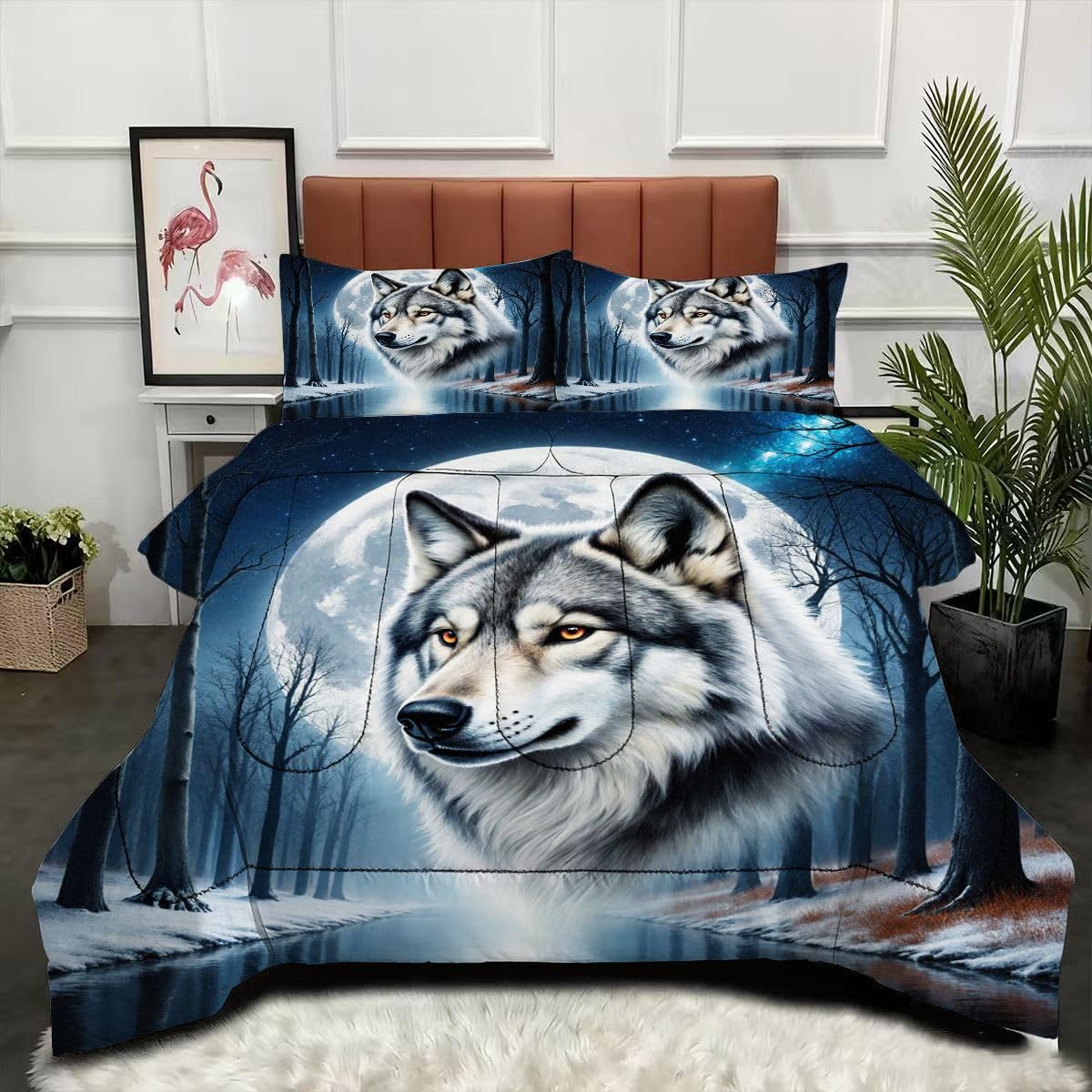 Parure de lit loup 3D avec couette 240 x 260 cm lavable en machine pour lit double
