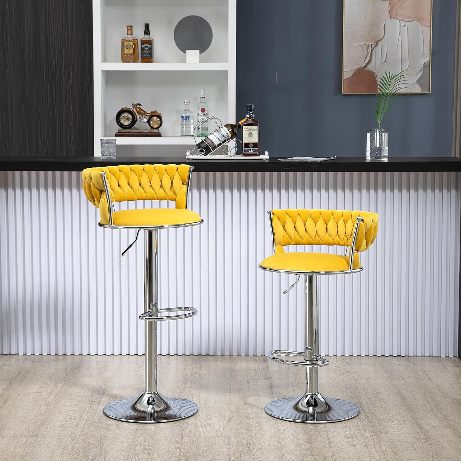 Bar Stools Set of 3, Modern Adjustable Swivel Barstools, Luxury Velvet Counter Height Bar Stools Chair with Woven Back and Silver Legs for Kitchen Island, Cafe, Pub, Dining Room, Mustard
