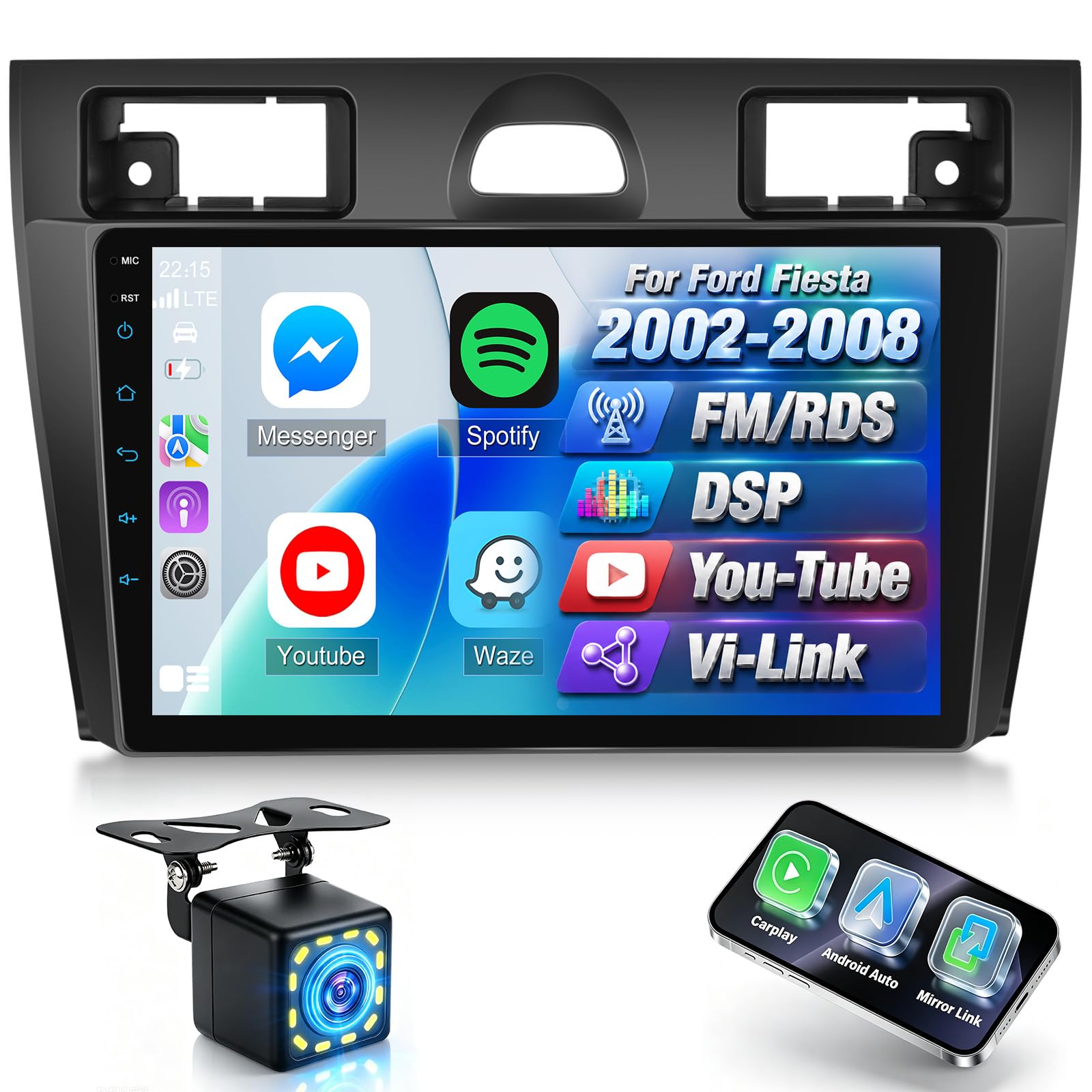 Radio del Coche pour Ford Fiesta 2000-2008+CarPlay Sans Fil/Android Auto