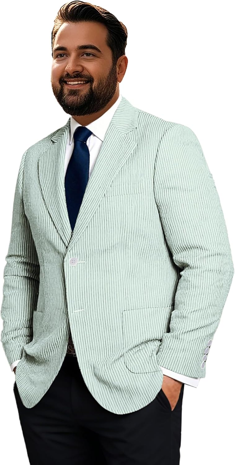 Men’s Big & Tall Striped Seersucker Blazer Casual Lightweight Suit Jacket Summer Beach Wedding Daily Wear
