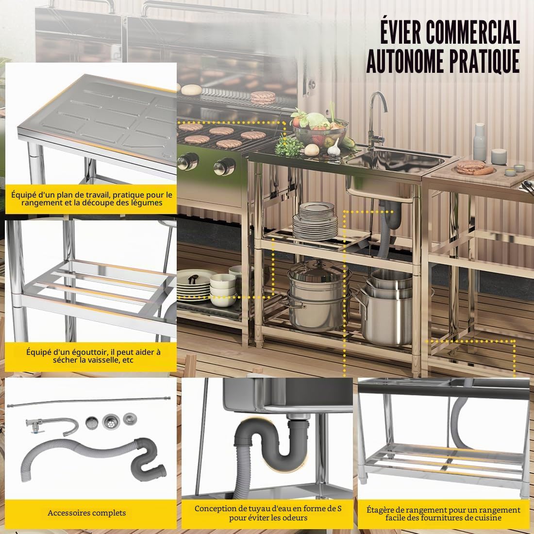 Évier autoportant, en acier inoxydable, avec robinet, évier de cuisine avec étagères, lavabo multifonction avec tuyau d'eau, lavabo utilitaire pour buanderie, jardin, restaurant, garage