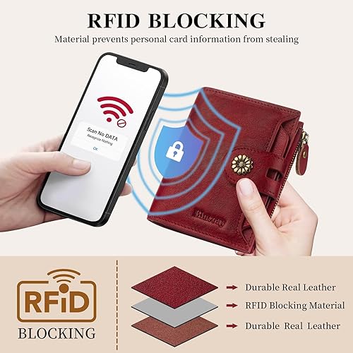 Miniatura 5 de Cartera de cuero con doble pliegue para mujer, bloqueo RFID, tarjetero compacto, cartera pequeña con ventana para identificación extraíble, A6-rojo,