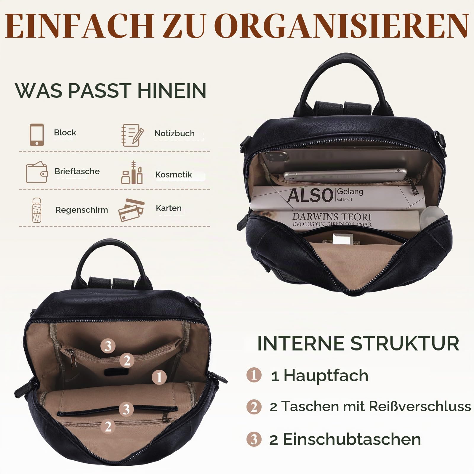 RAVUO Damen Rucksack,Anti Diebstahl Rucksack 2 in 1 Rucksacktasche PU Leder Schultertasche Elegant Cityrucksack Kleine für Reisen,Arbeit,Schule,Schwarz