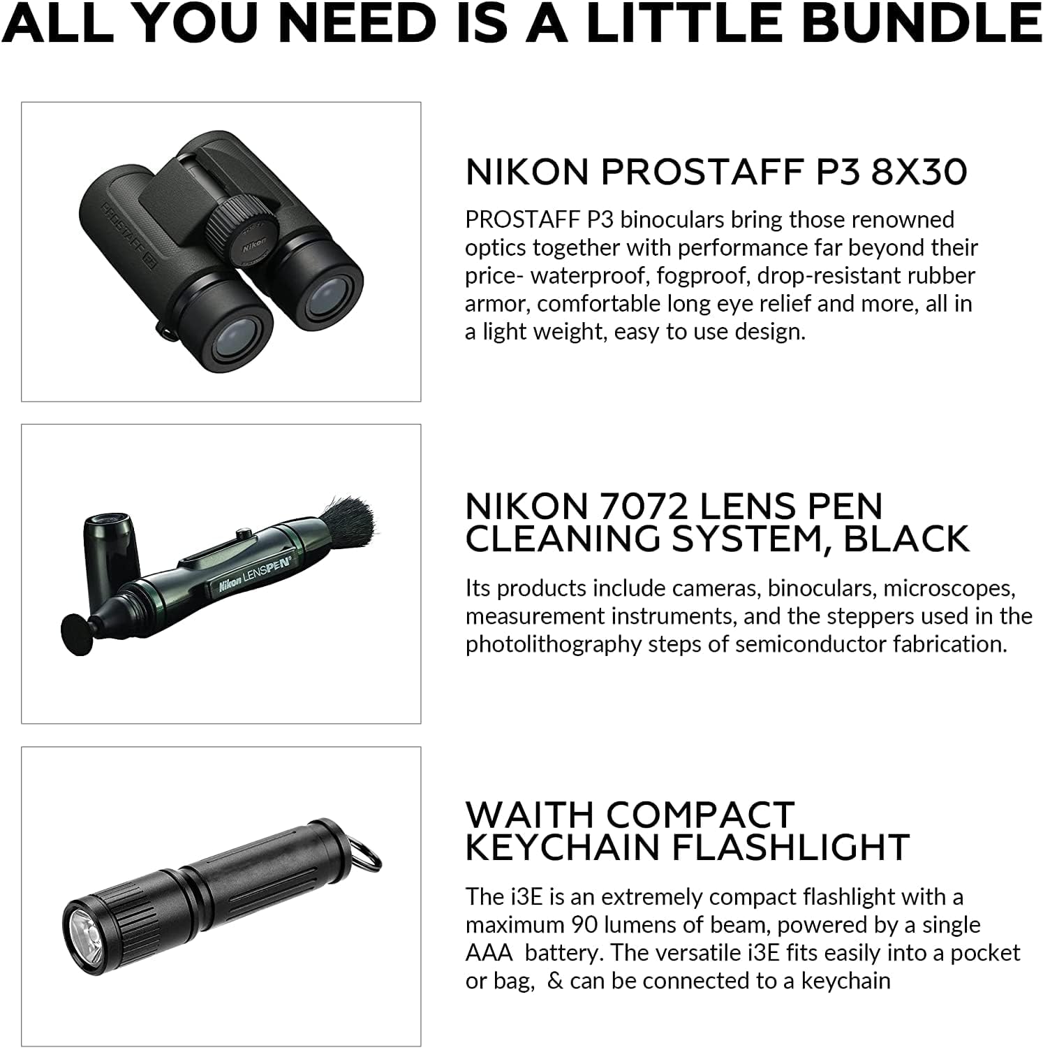Nikon PROSTAFF P3 8x30 Waterproof Binocular for Adults | Small & Compact Travel Binoculars for Bird Watching | Lens Pen Cleaning System, & Flashlight Bundle Set - Image 2