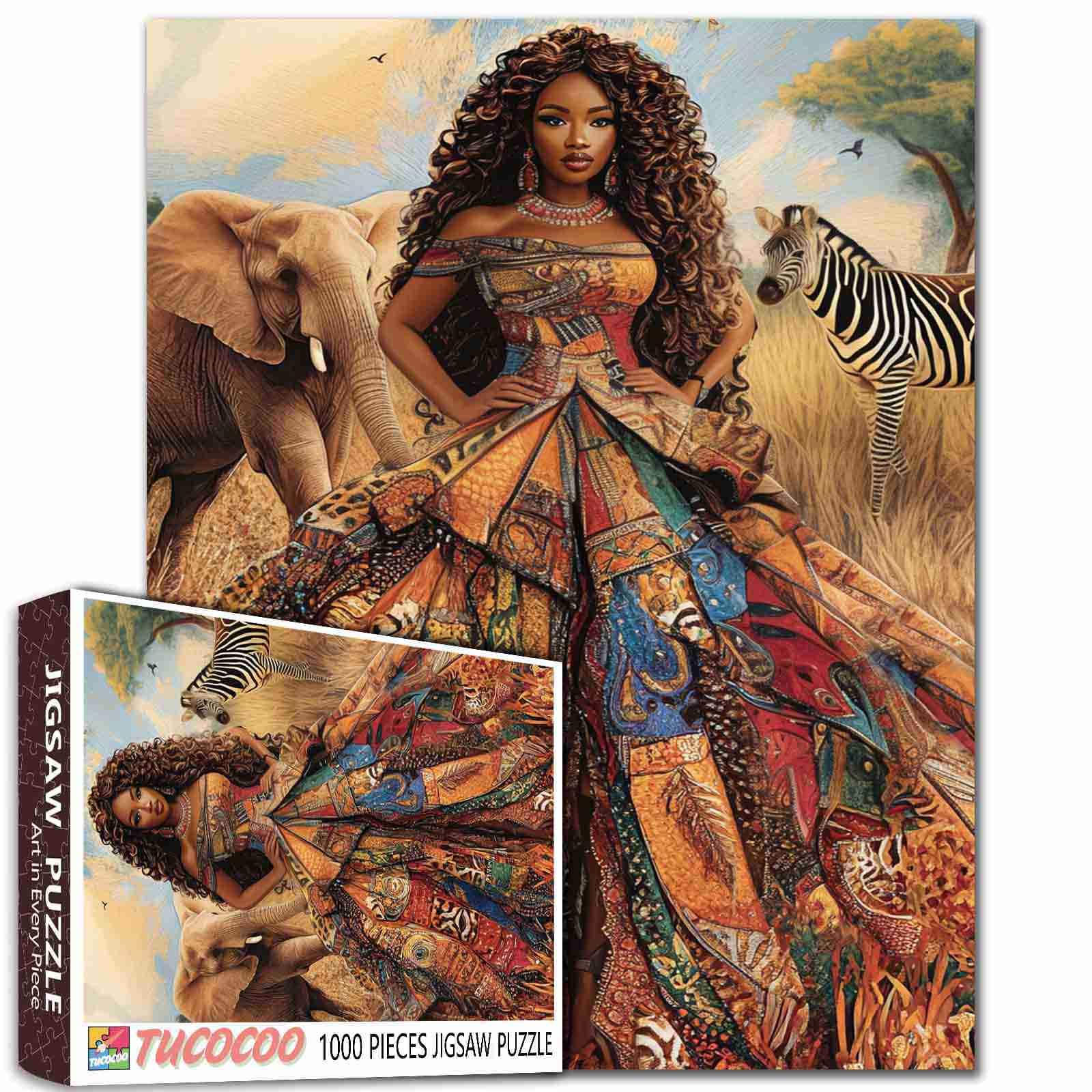 Africa Black Woman Jigsaw Puzzles 1000 Pieces for Adults, Families (Curly Hair Girl,Elephants,Animal,Zebra,Savanna) Pieces Fit Together Perfectly 19.7''x27.6''inch Queen Frameable Magic Puzzle Art