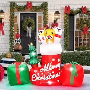 8FT Christmas Inflatable Outdoor Decoration,Inflatable Animal in Xmas Stocking with Gift Box,Lighted Blow Up Animal Standing on Christmas Socks with LED Lights for Christmas Outdoor,Yard Decorations