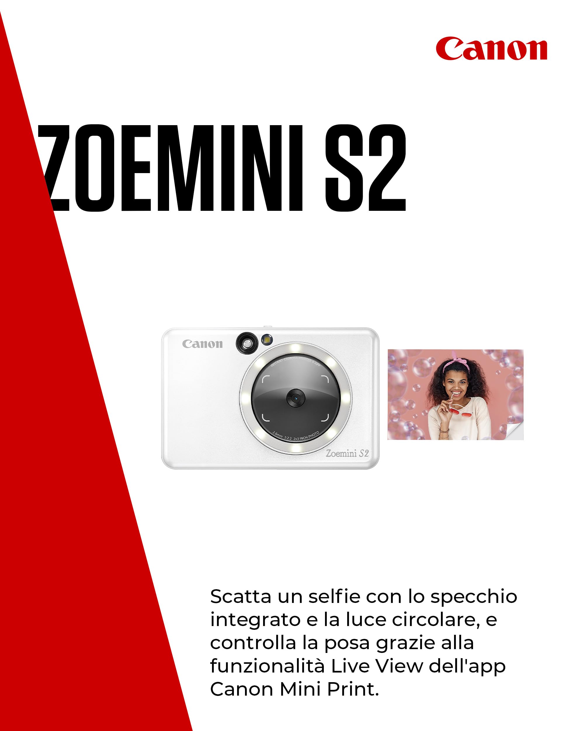 Canon Zoemini S2 Macchina Fotografica Istantanea 8MP – Fotocamera Istantanea Compatta con Specchio, Luce Circolare, Carta Fotografica con Retro Adesivo, Portatile, Bianco Perla