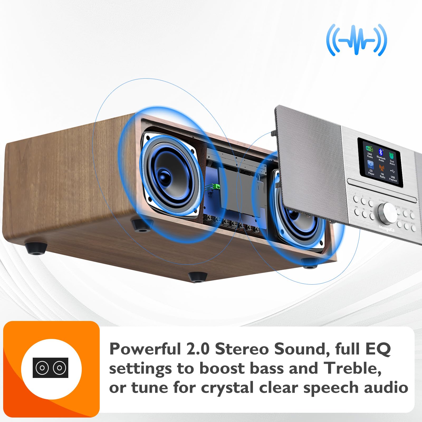 MS4 Lettore CD Radio DAB Sistema Hifi I Bluetooth I Potente sistema stereo I Radio digitale DAB+IAcoustic Wood Cabinet I Lettore CD I 40 preset, Jack per cuffie I Finitura noce