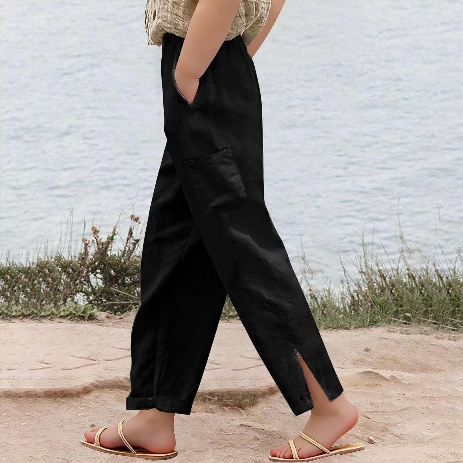 Girls Cotton Linen Pants Split Cuffs Baggy Wide Leg Casual Palazzo Teen Elastic Waist Plain Trousers with Pockets