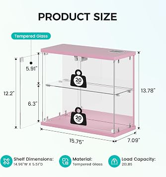 FREDEES Glass Display Cabinet Case with LED Lights, Pink