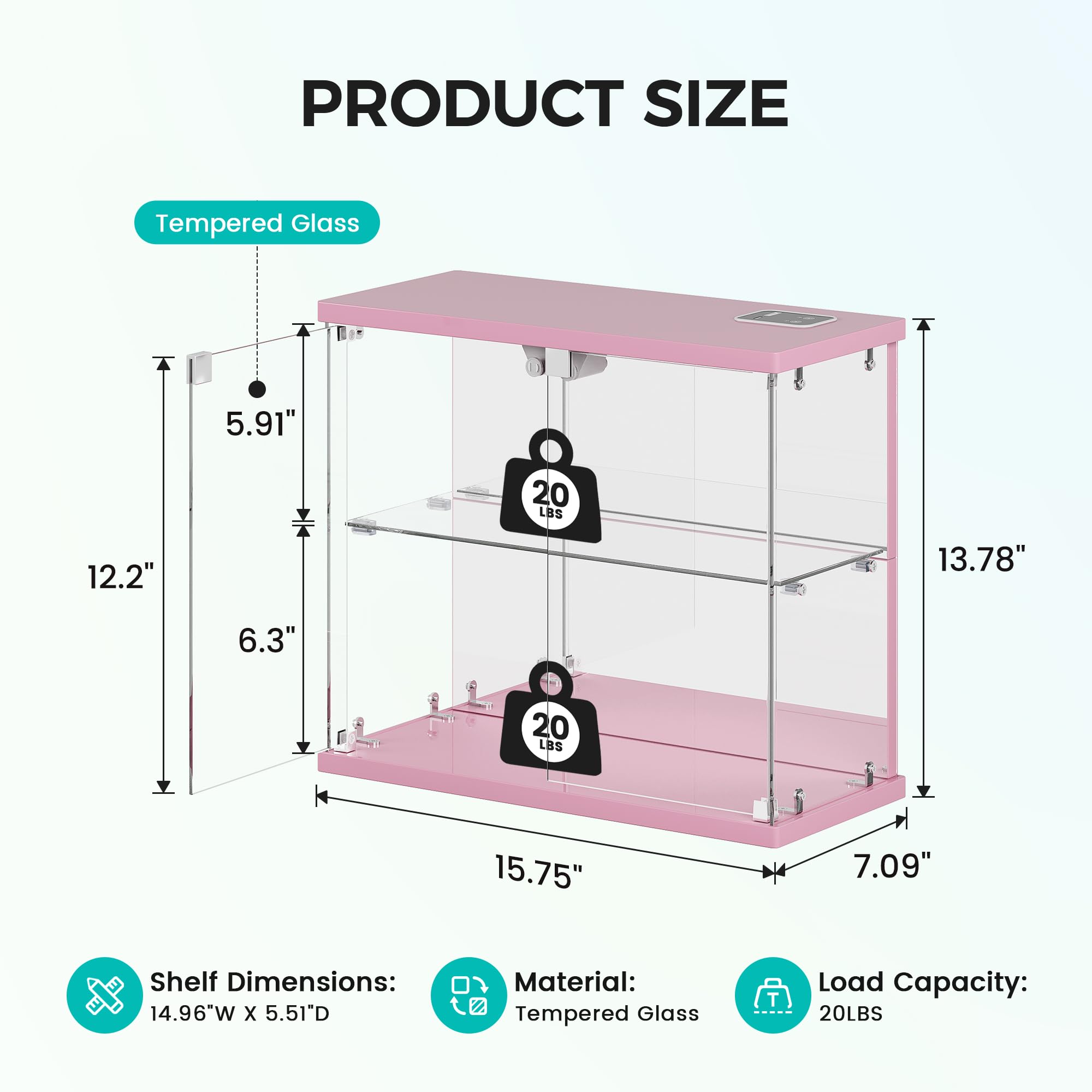 FREDEES Vitrina de cristal transparente con luz LED, compacta de 2 niveles con estación de carga y sensor de movimiento, para figuras de acción, coleccionables, modelos de coche y color rosa perfume
