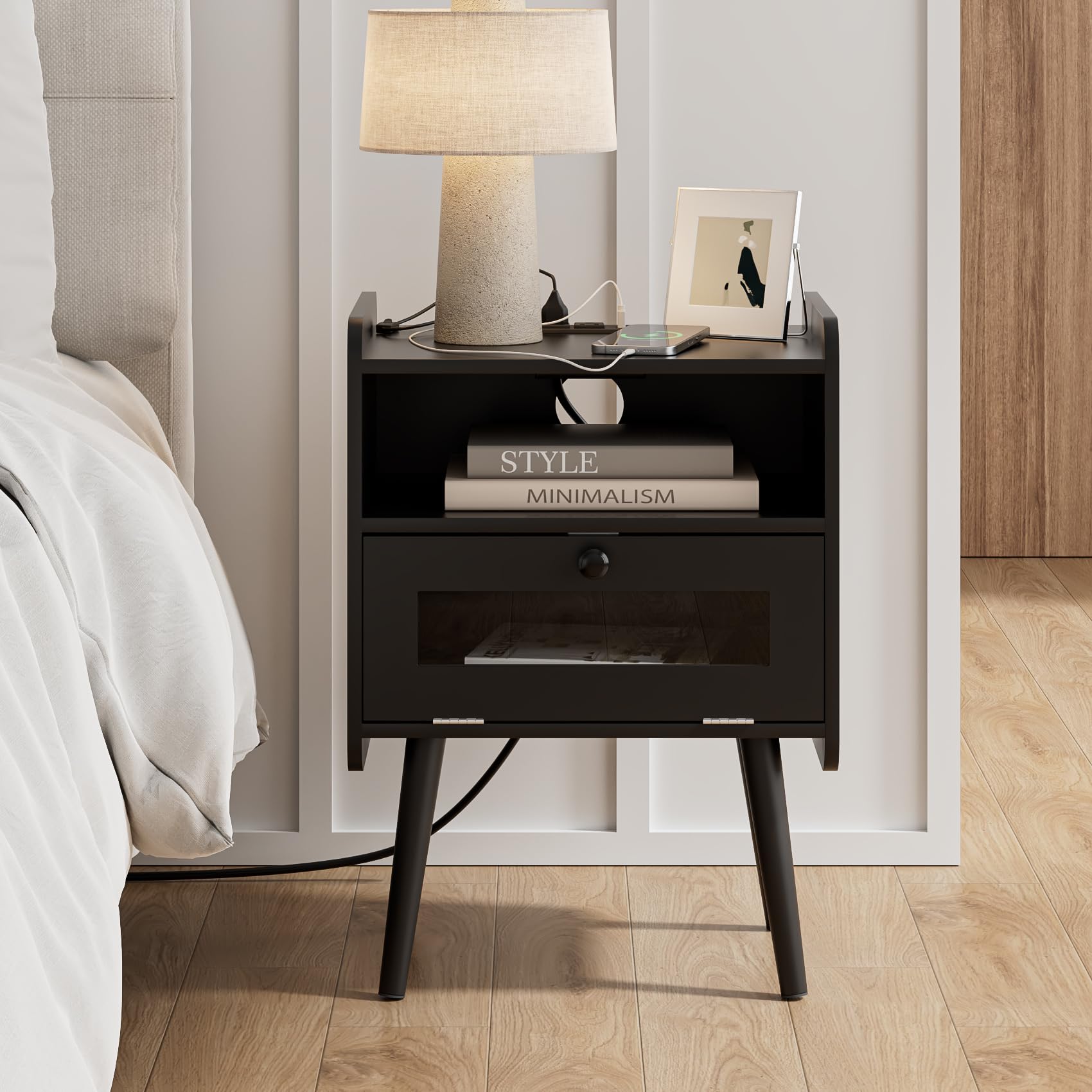 Masupu Nightstand with Charging Station,Mid-Century Modern Bedside Table with Storage Drawer and Open Wood Shelf,Small End Side Table with Glass Decorative Door for Bedroom,Living Room,Black