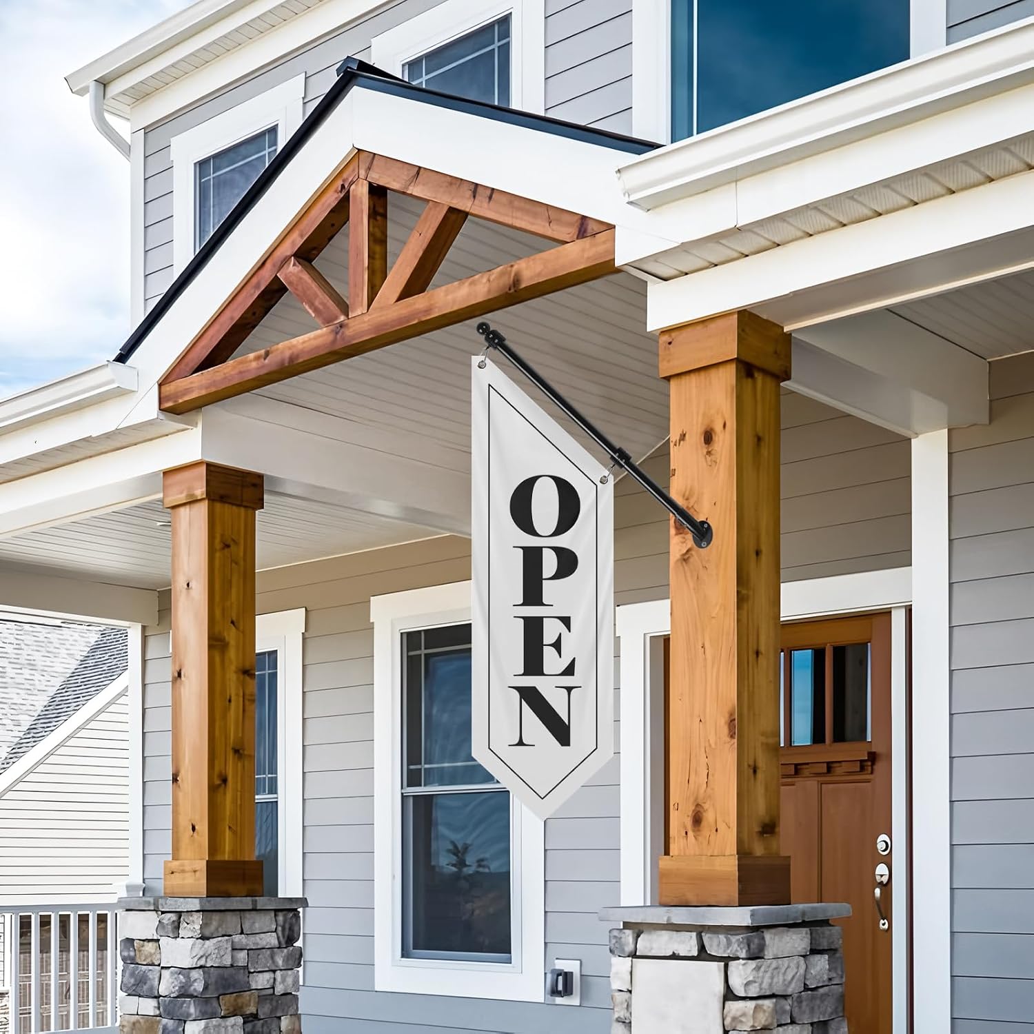 Double-Sided Open Flag with Pole Kit, 12"x35" Vertical Storefront Open Sign with Wall Mounted Hanging, Outdoor Vintage Open Banner for Shop, Cafe, Restaurant, Retail Store, Farm Stand Business