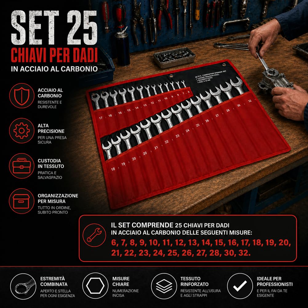 BAKAJI Set Chiavi Combinate 25pz Fisse e Stella 6-32mm in Acciaio al Carbonio con Astuccio in Tessuto