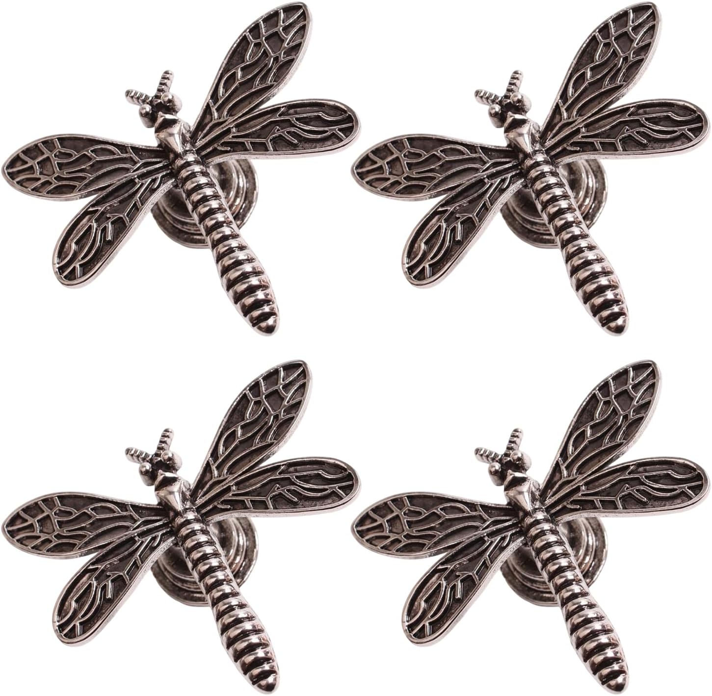 Vintage Dragonfly Design Cabinet Knobs 4pcs Zinc Alloy Single Hole Drawer Handles Creative Decoration Dresser Pulls for Bathroom Drawer Door Furniture Hardware (Ancient Silver)