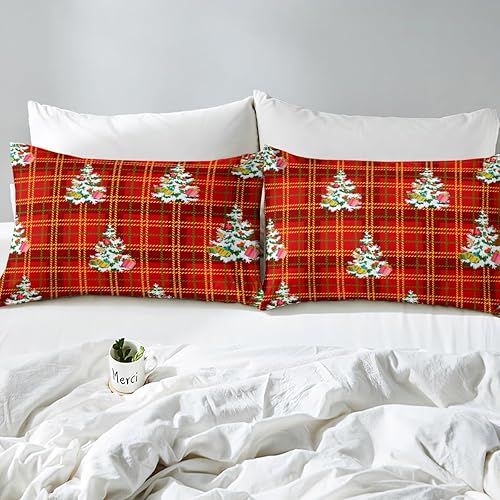 Miniatura 5 de Erosebridal Juego de sábanas para árbol de Navidad, tamaño individual, juego de sábanas de estrellas, sábanas de nieve con líneas de cuadrícula roja