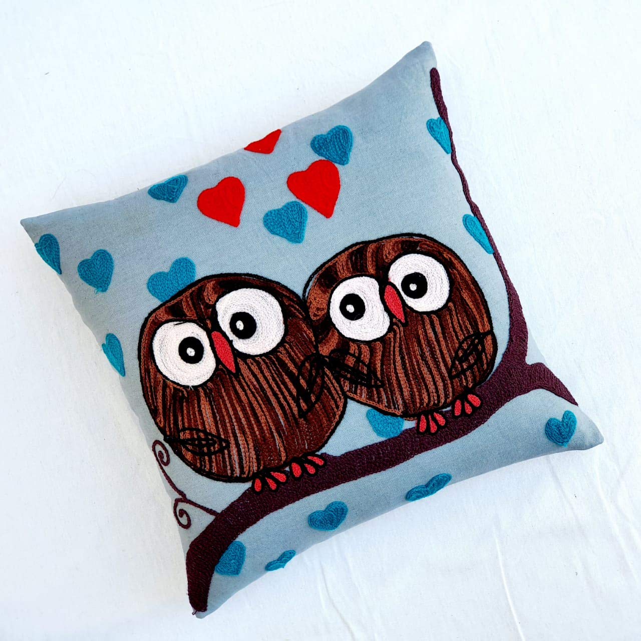 Indian Handicrafts Suzani Cushion Cover Wool Embroidered Cushion Cover Interior Decoration Cotton Cushion Covers with Colorful Pom Poms 16 " (50)