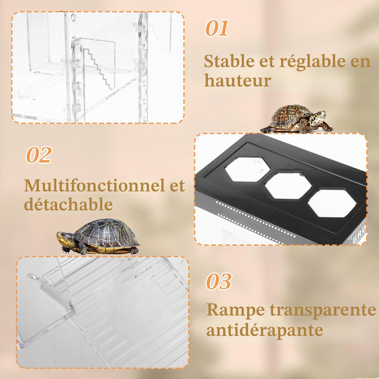 Plateforme de repos pour tortues à hauteur réglable suspendue avec couvercle et rampe, 25×16×16 cm, petit enclos d'aquarium transparent en PC au-dessus du réservoir pour bébés tortues terrestres