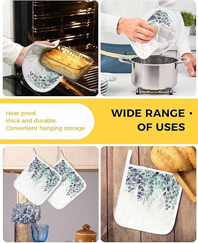 Miniatura 5 de 2 Packs Teal Eucalyptus Pot Holders Sets for Kitchen,Oven Pan Plate Bowl Pads Heat Proof Mat with Hanging Loop,Terry Cloth Potholders Soft Grip for