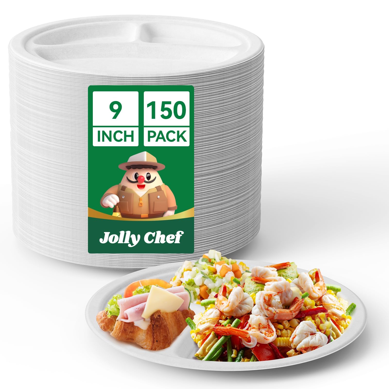 JOLLY CHEF 150 Pack 9 Inch Round 3 Compartment Disposable Bagasse Plates