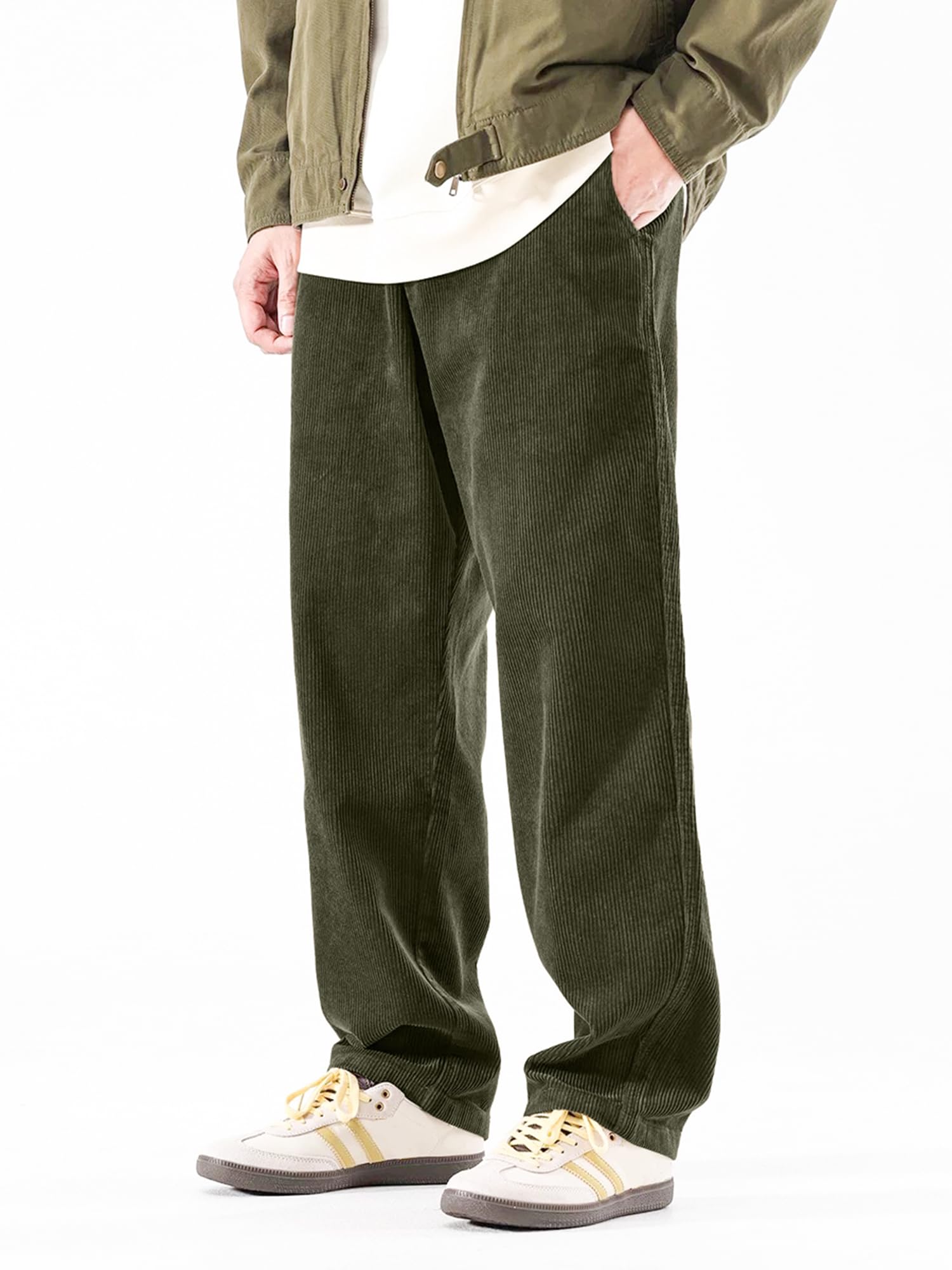 PLEPAN Mens Corduroy Pants Baggy Wide Leg Casual Elastic Waist Drawstring Loose Fit Sweatpants, Army Green, Large