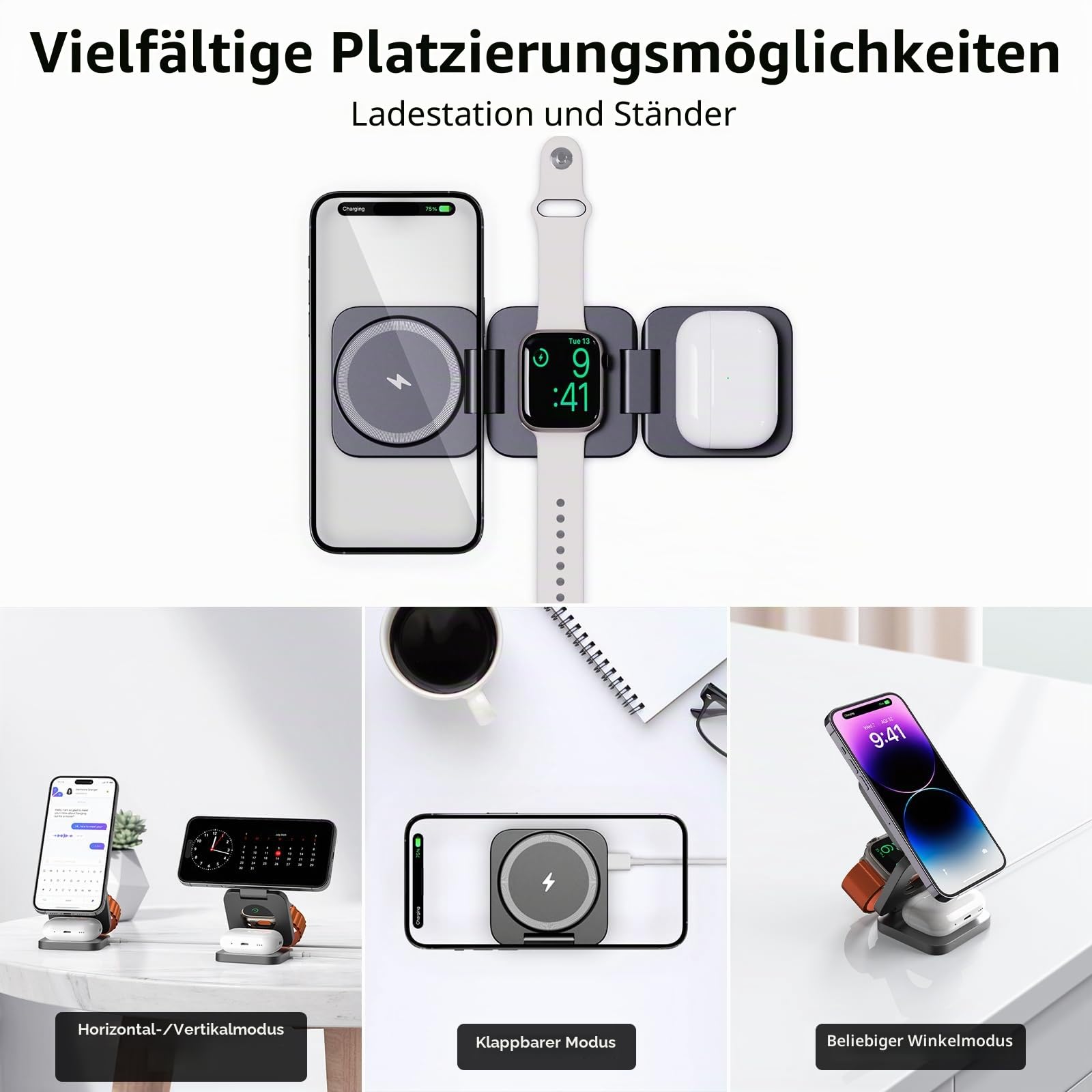 KU XIU X55 15W Magnetisches Ladestation für Magsafe, Faltbar 3-in-1 Ladestation Reise, Ladegerät Ständer für Apple Watch und iPhone 17-12 & AirPods, Mit 30W USB-C Netzteil, Grau