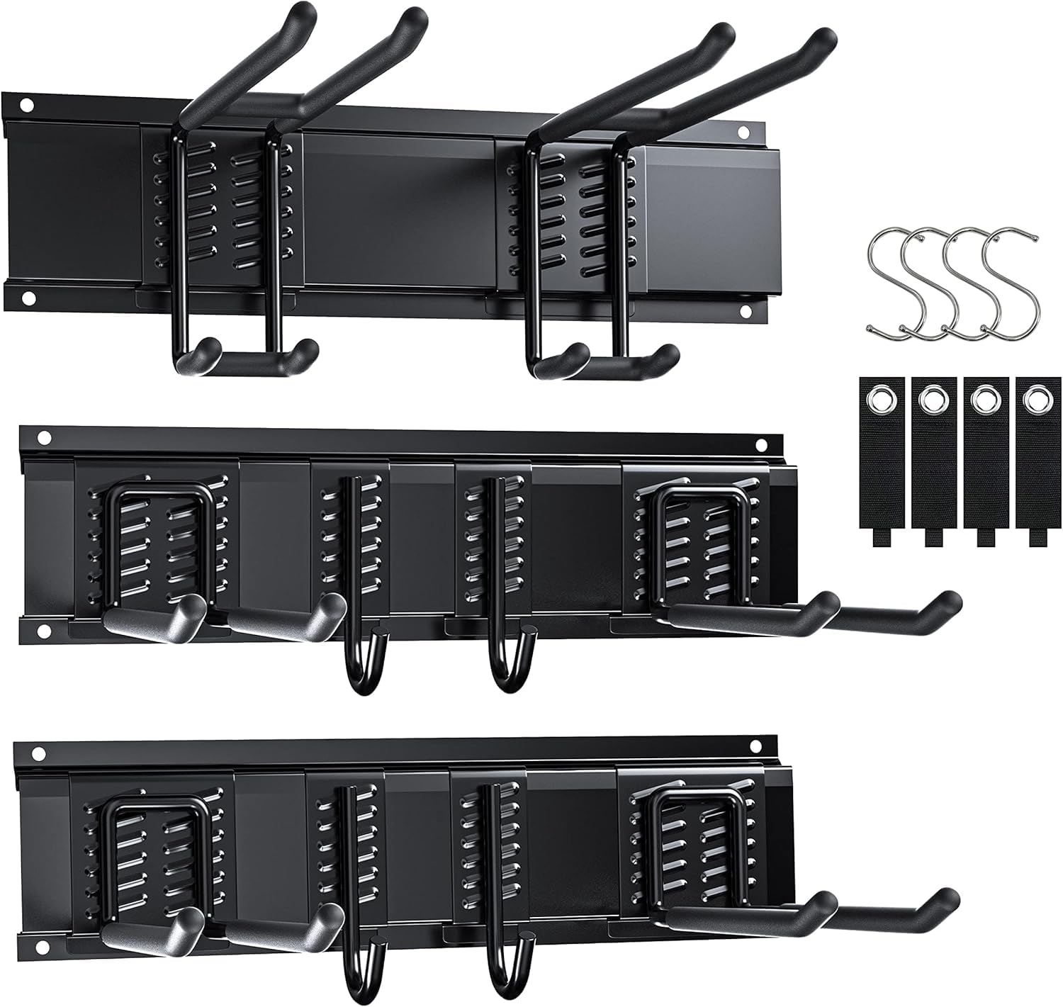 3-H 120cm Soporte Herramientas Pared,Ganchos Garaje Acero Aleado Organizador Herramientas Pared con 14 Ganchos,3 Rieles Deslizables,4 Correas para Esquí Silla Manguera Garaje Jardín