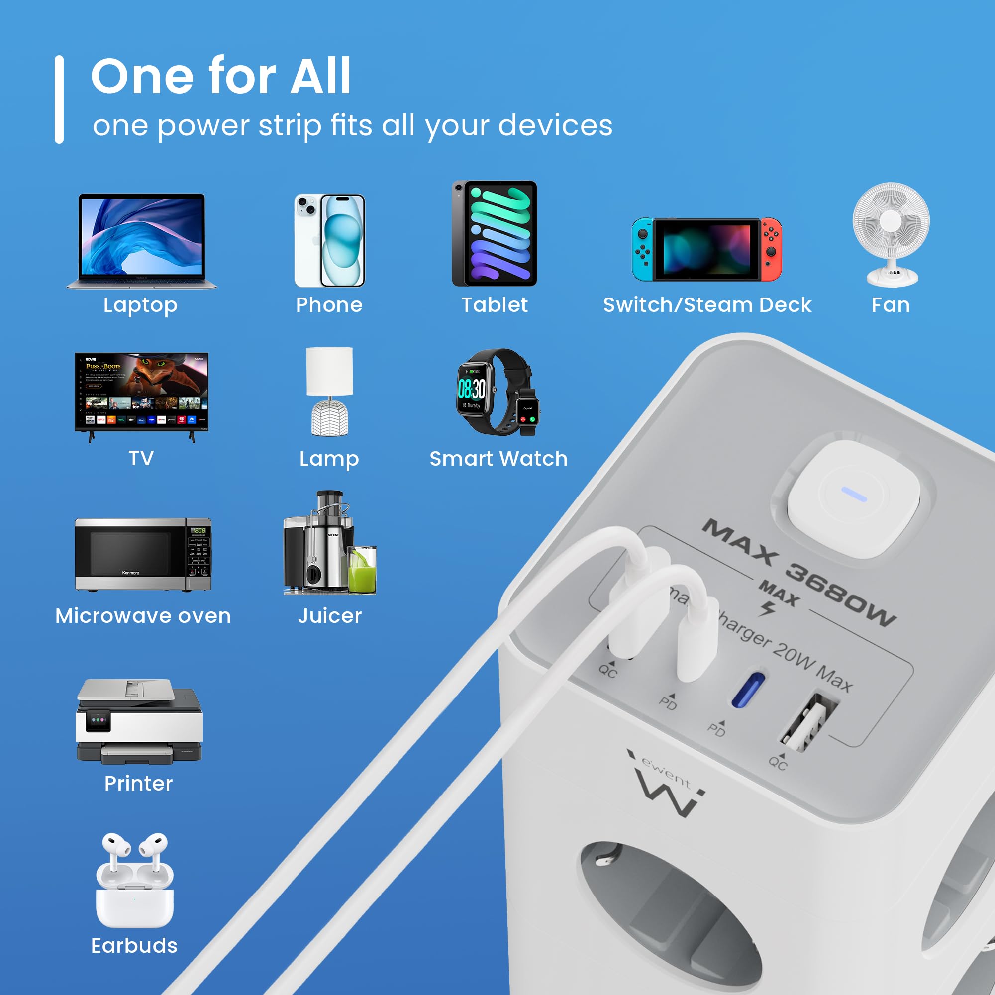 Ewent Pionowe gniazdo wieżowe 12 w 1 (3680 W/16 A); gniazdo wielofunkcyjne z 8 gniazdami wtykowymi Schuko, 2 USB-C i 2 USB-A, z włącznikiem światła, ochrona przed przepięciem, kabel 2 m, do urządzeń