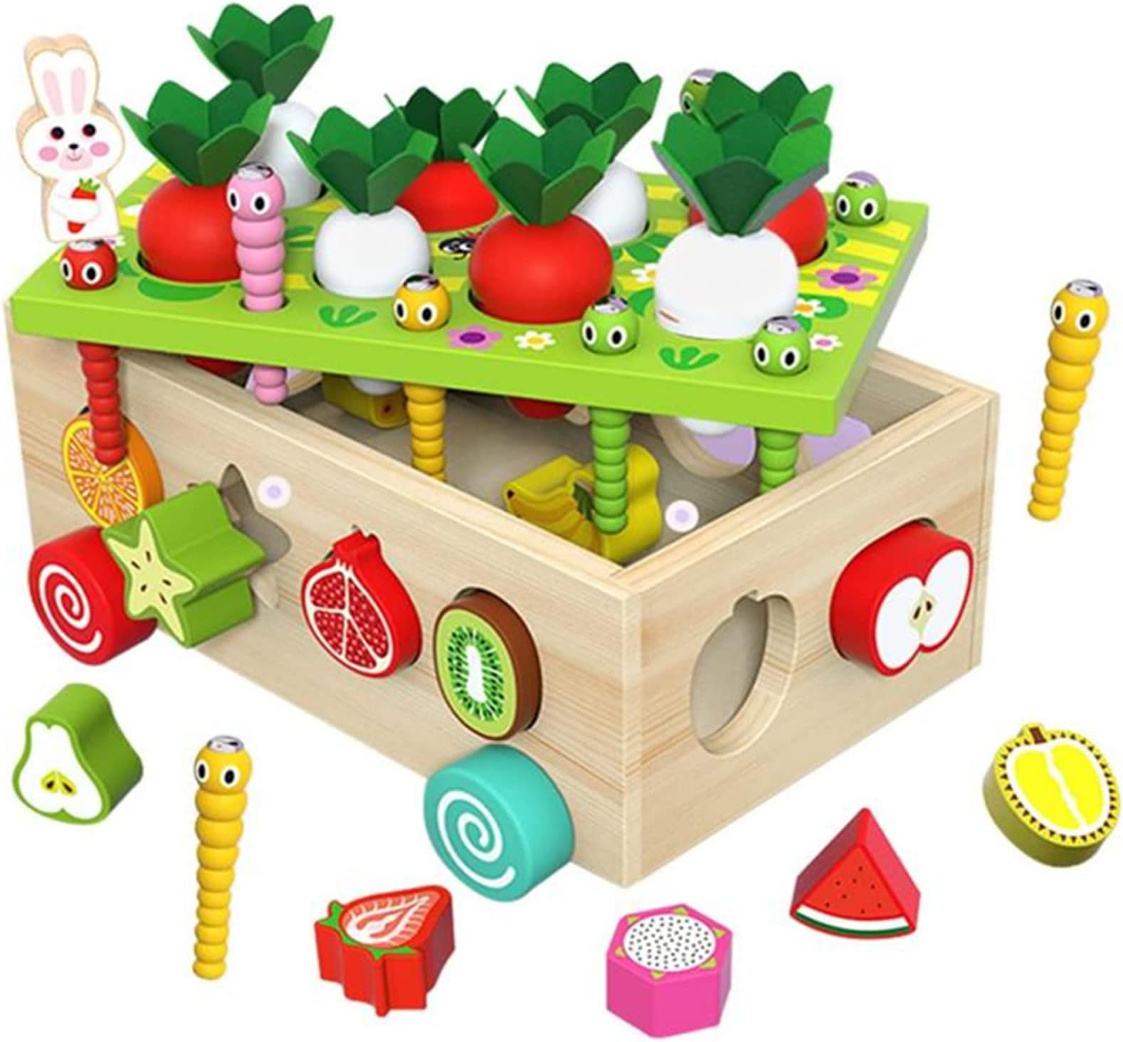 AM ANNA Toddlers Montessori Wooden Educational Toys, Shape Sorter Toys for Baby Boys Girls Age 2 3 4 Year Old,Shaped & Size Matching Game Fine Motor Skill Carrot Harvest Game