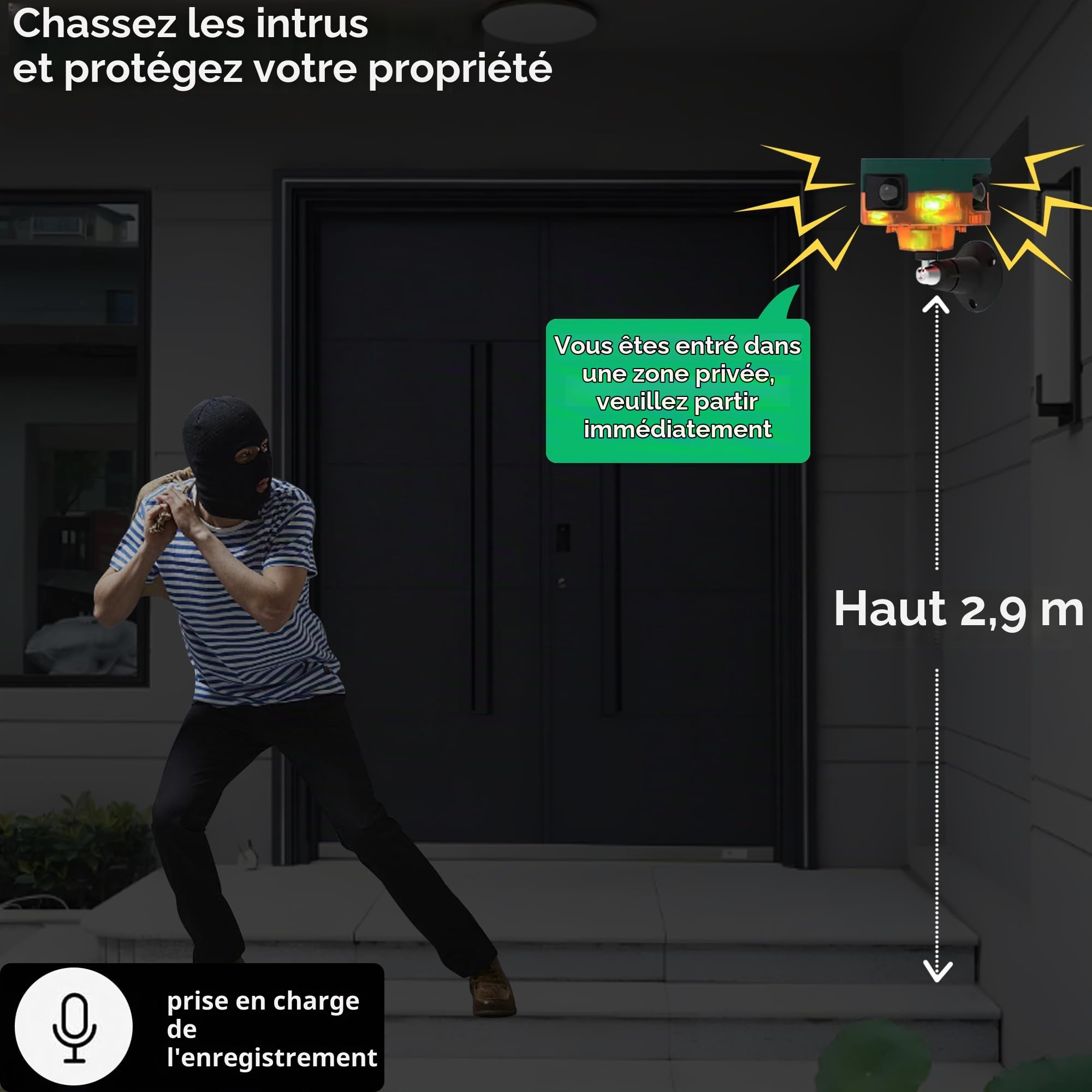 Alarme Solaire avec détecteur de Mouvement extérieur : aboiements de Chien et Coups de feu, sirène puissante de 129 DB, Prise en Charge de l'enregistrement, 13 Types de Sons (4 Pack)