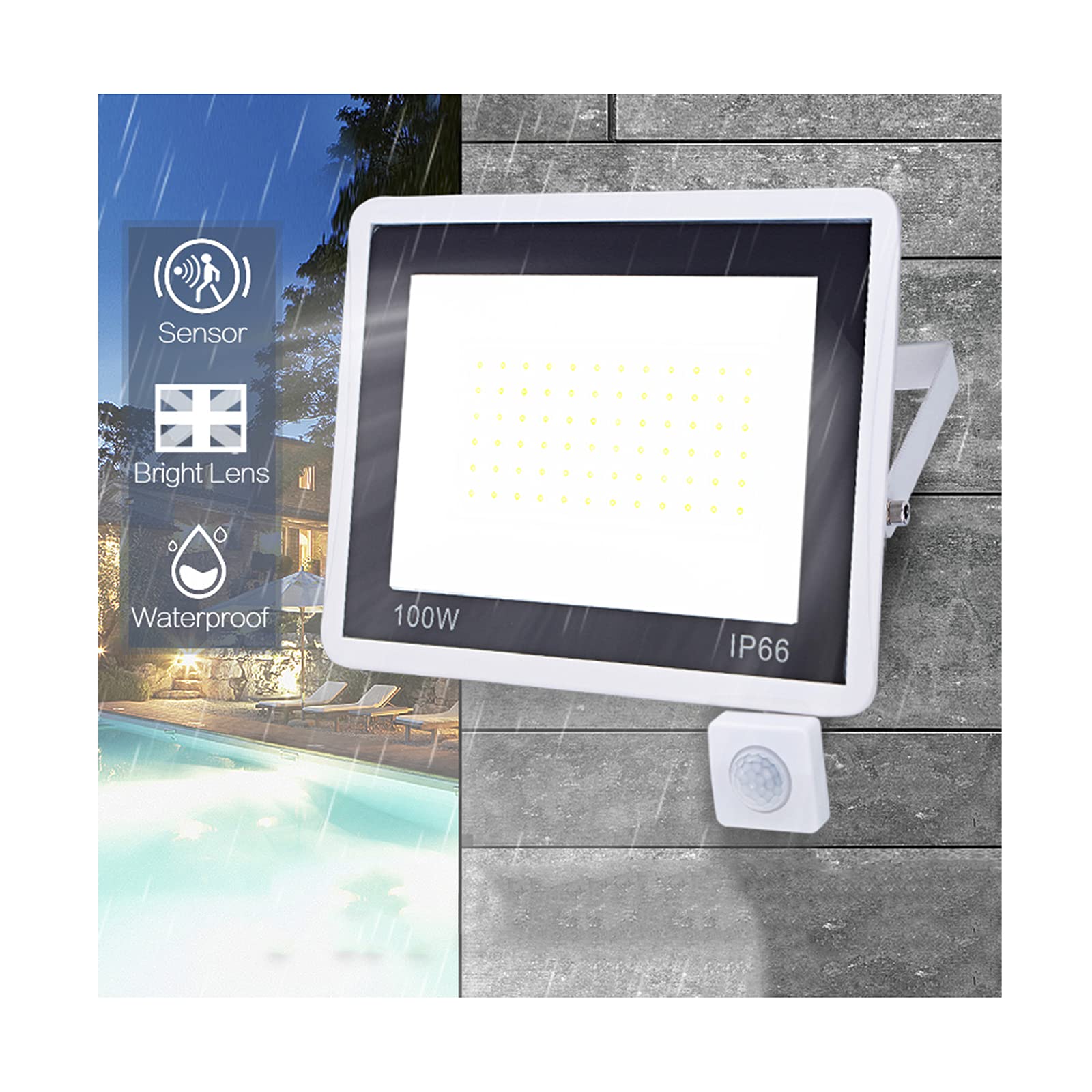 Faretto LED da Esterno con Sensore di Movimento Alimentato 10-100w Proiettore LED, 800-8000lm Faretti LED IP66 Impermeabile per Cortile, Corte, Illuminazione Stradale (50W)
