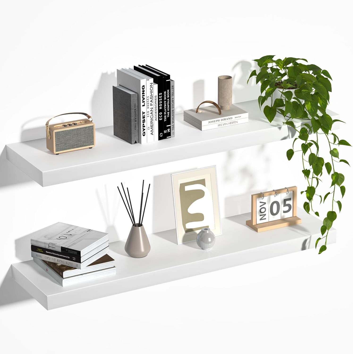 fun memories farmhouse floating shelves - 8 inch deep rustic wood wall shelf - premium solid pine wood storage shelf for kitchen living room bedroom - 30" w x 8" d - set of 2 - white