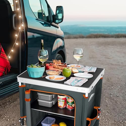Vista 27 de EAGLE PEAK Mesa de camping plegable para exteriores con organizador grande de almacenamiento de 3 niveles y bolsillos laterales, fácil de instalar