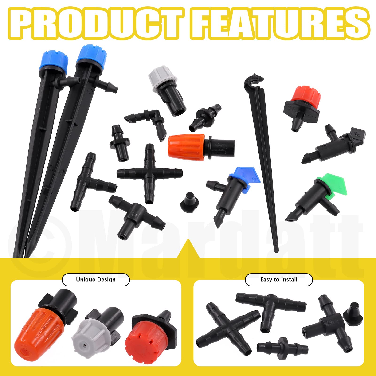 Mardatt 224Pcs Drip Irrigation Barbed Connectors 1/4''Tubing Fittings Kit with Elbows, End Plug, Straight Barbs, Sprinkler Nozzle, Tees,Elbows, 4-Way Coupling for Garden Lawn Agriculture Hydroponic - Image 3