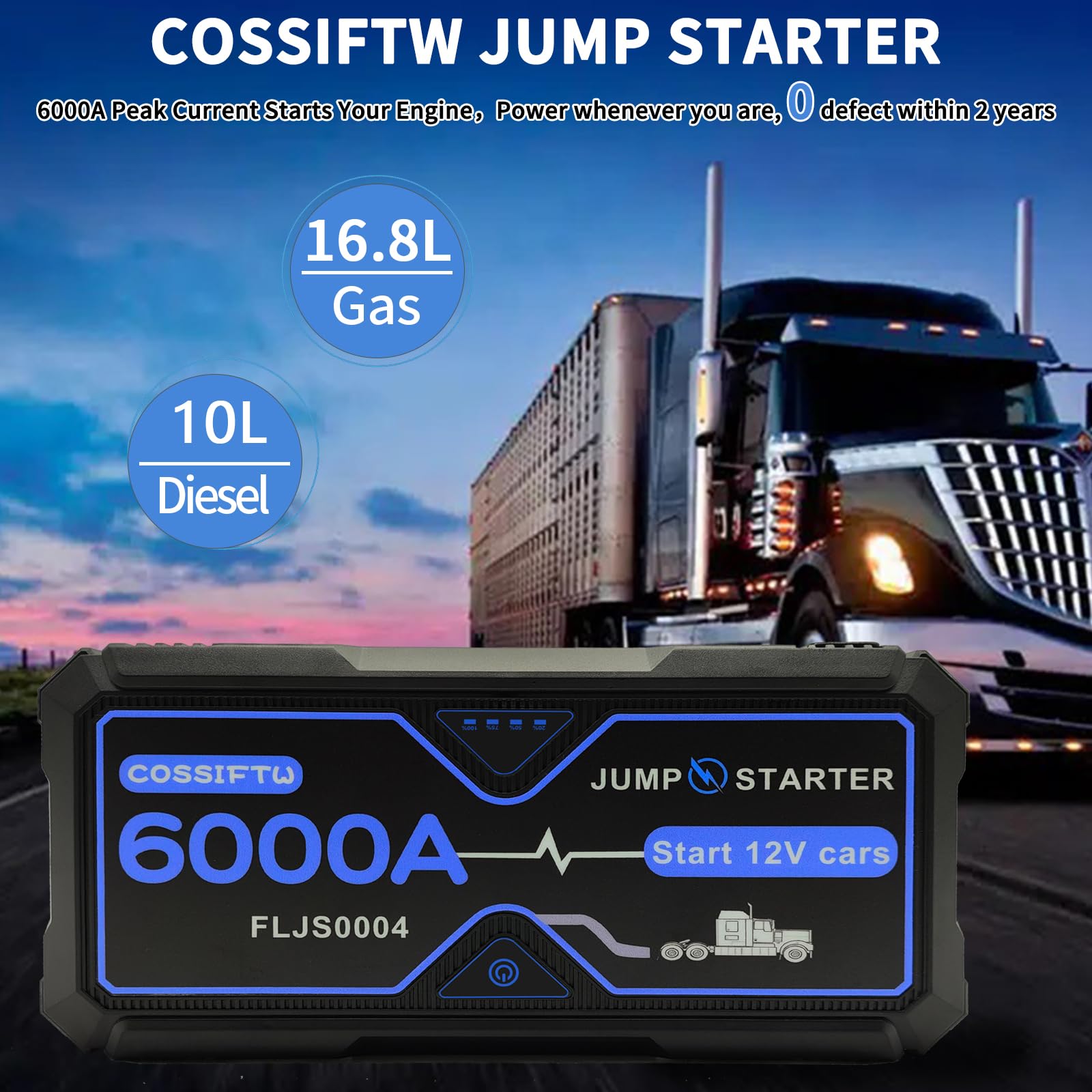 COSSIFTW 6000A Portable Car Battery Jump Starter & Heavy Duty 12V Battery Charger, DC12V Output?USB C 60W | Emergency Booster (for All 12V Gas or up to 10L Diesel) for Cars, Trucks, Buses, and More