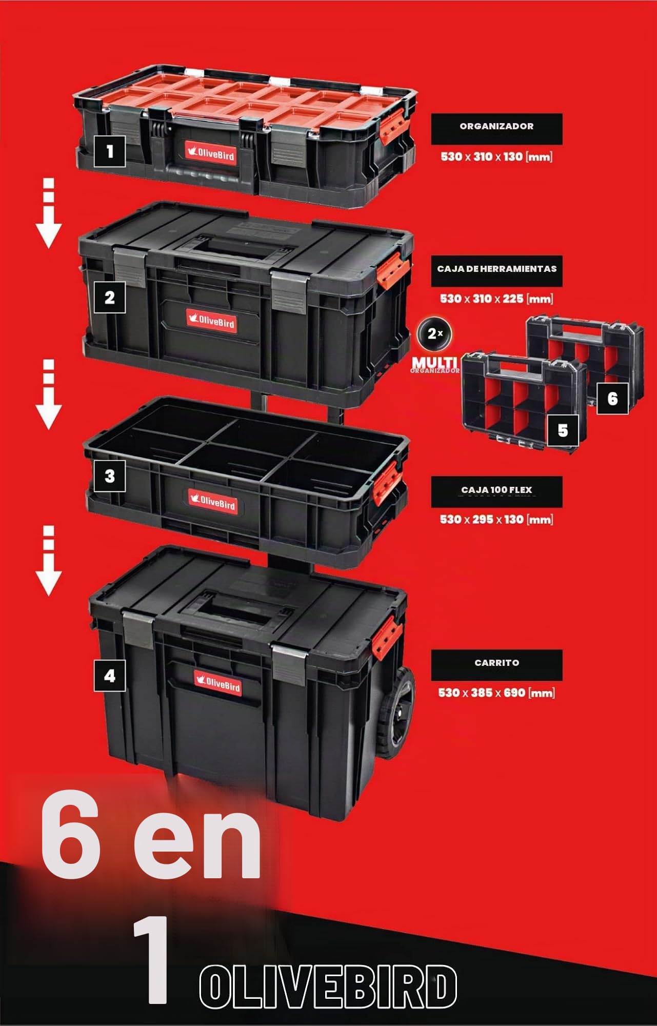 Caja de herramientas de plástico con ruedas y cajones, 6 en 1, talla XL
