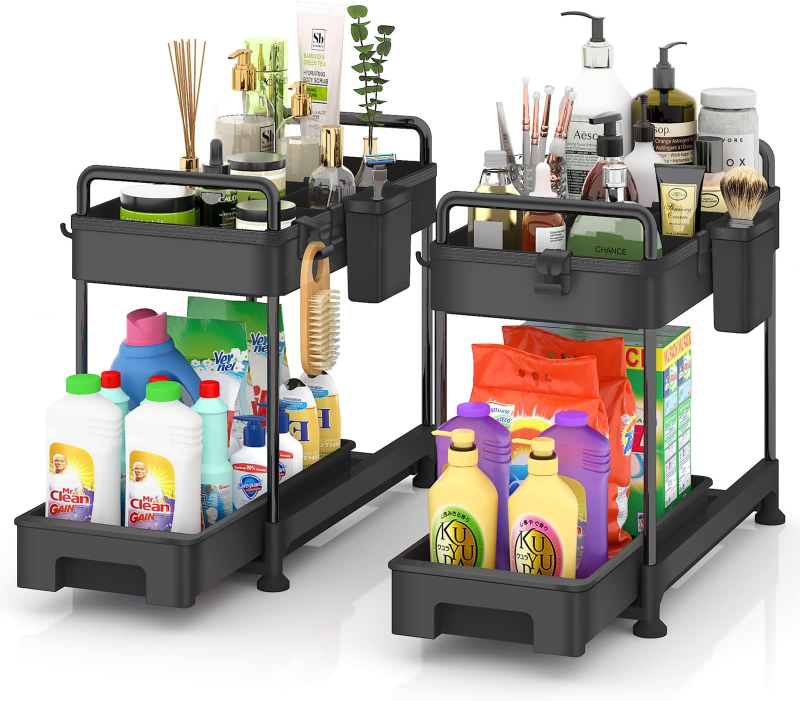ZIZOTI 2 Pack Pull Out Under Sink Cabinet Organizer, Sliding Drawers 2 Tier Bathroom Storage Basket Organizer with Handles, Hooks, Hanging Cup, Dividers, Multi-use Kitchen Bath Office Organizer, Black