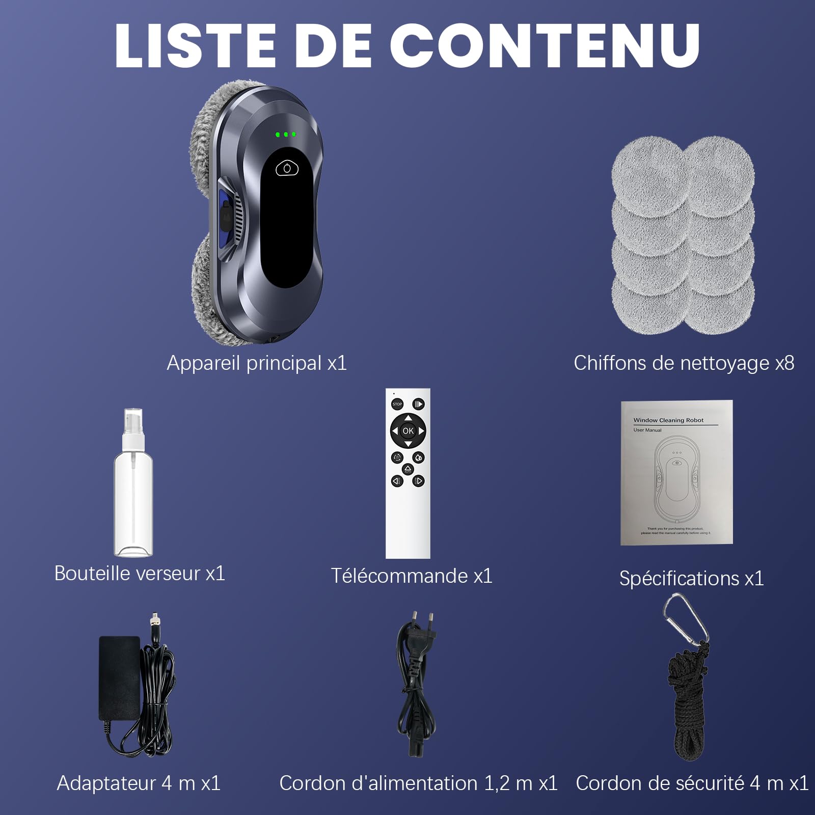 Robot Laveur de Vitre Automatique, 6000 Pa d'aspiration, Robot Nettoyeur de Vitres,Nettoyage à Double Hélice, Détection des Bords, 3 Modes de Nettoyage, avec 10 Chiffons de Nettoyage