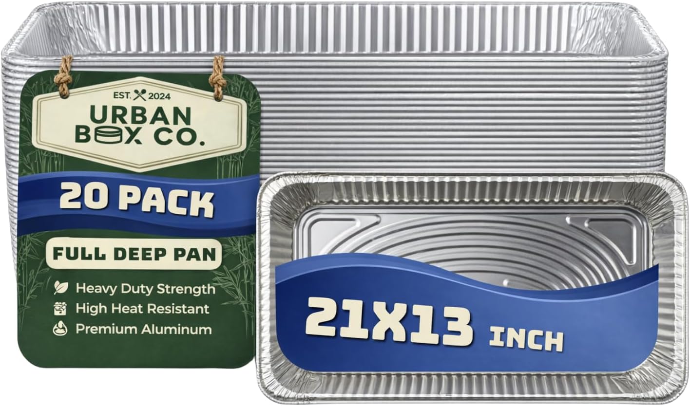 Urban Box Co. Full Size Deep Aluminum Pans (20 pk) - 21x13 inch Steam Table Chafing Pan: Extra Heavy Duty, Disposable Foil Tray for Restaurant. Ideal for Roasting, Cooking, Storing Food (20, No Lid)