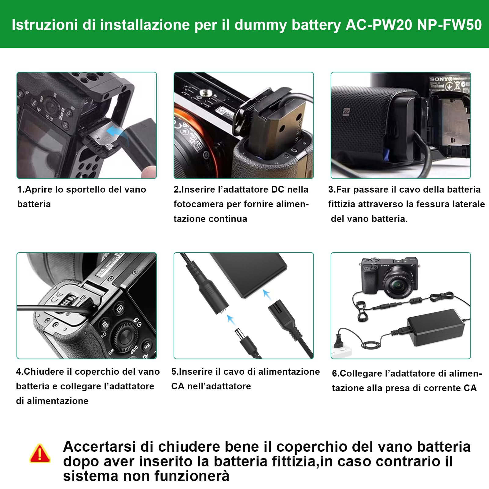 AC-PW20 Adattatore di alimentazione CA NP-FW50 Kit batteria fittizia per Sony Alpha ZV-E10 A7 A7R A7S A7II A7RII A7SII A6500 A6400 A6300 A6100 A6000 A5100 A5000 RX10 II III IV NEX-3 NEX-5