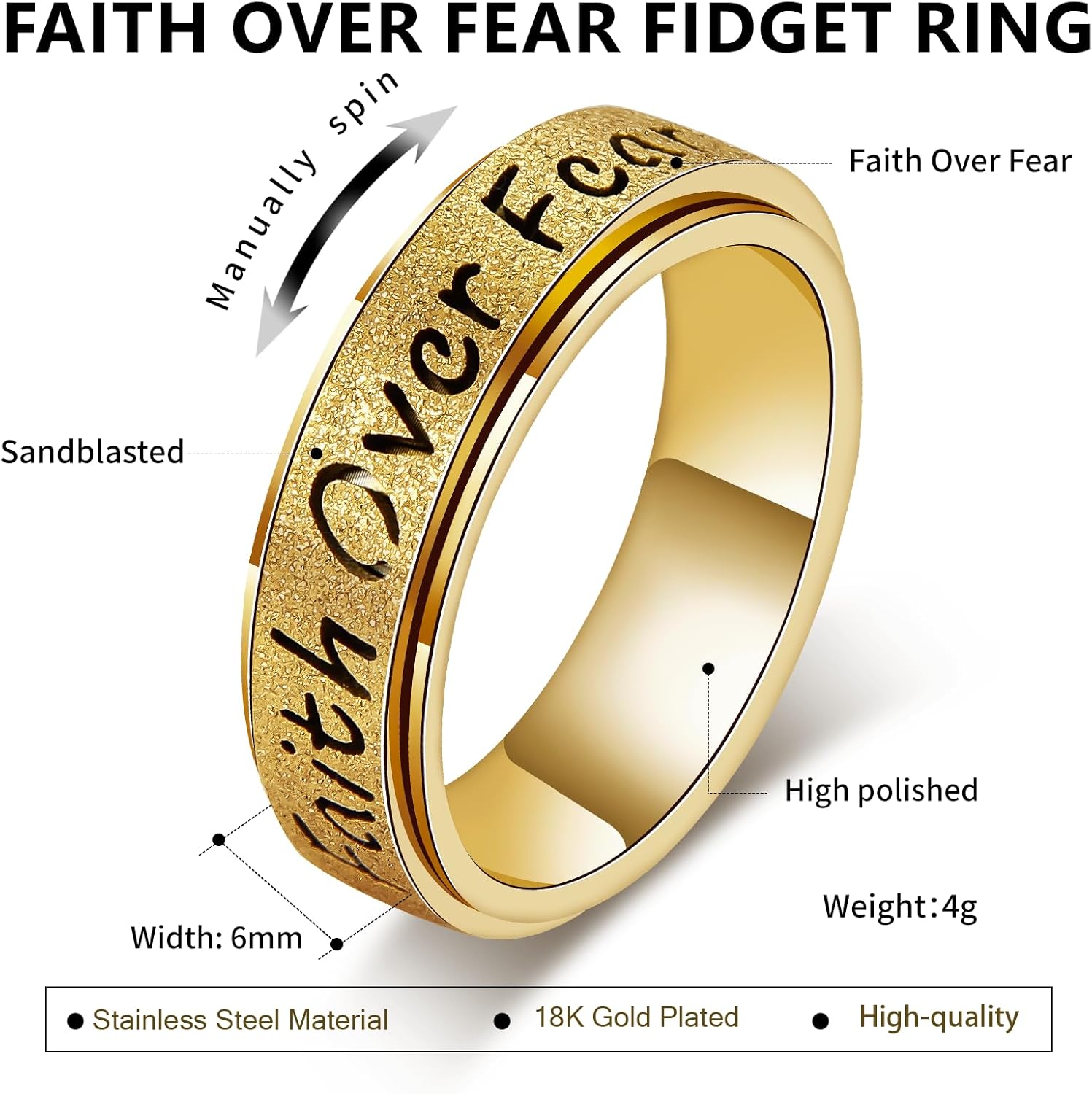 Fidget Spinner Ring for Women - Faith Over Fear Stainless Steel Anxiety Relief Rings for Adults, Christian Inspirational Hope Thumb Ring for Stress & Focus, Jewelry Gift for Women Men - Image 7