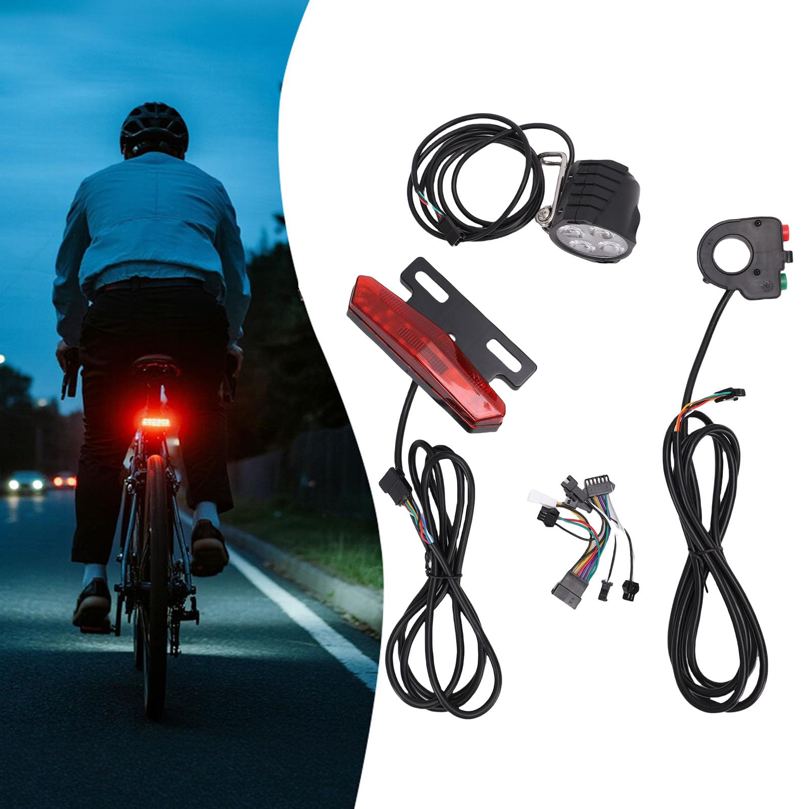 Juego de Luces para Bicicleta Eléctrica, Interruptor de Llave de 5 Pines, Luz Trasera con Bocina para Faro con Señal de, para Luces de Advertencia Delanteras y Traseras y Cable